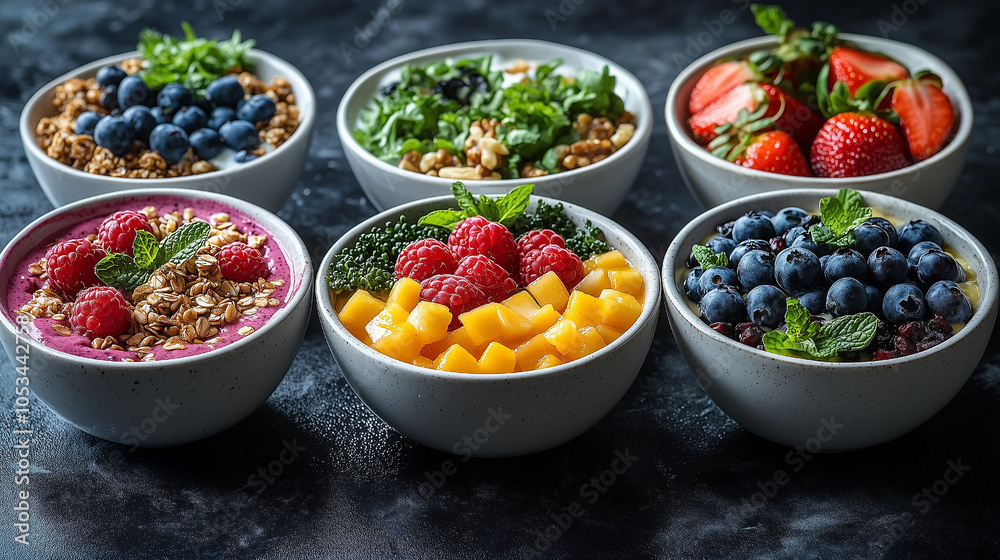Assorted Healthy Yogurt Bowls with Fresh Fruits and Greens, Perfect for Nutritious Breakfast Assorted Healthy Yogurt Bowls with Fresh Fruits and Greens, Perfect for Nutritious Breakfast