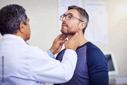 Hospital, sore throat and doctor with man for consulting, medical service and diagnosis for flu. Healthcare, clinic and patient with lymph nodes, cold and fever for wellness, health and checkup