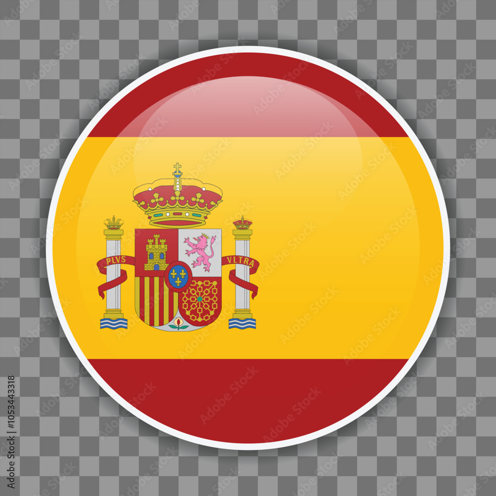 Glossy round flag of Spain on checkered background. Icon for mobile apps, UI or web design