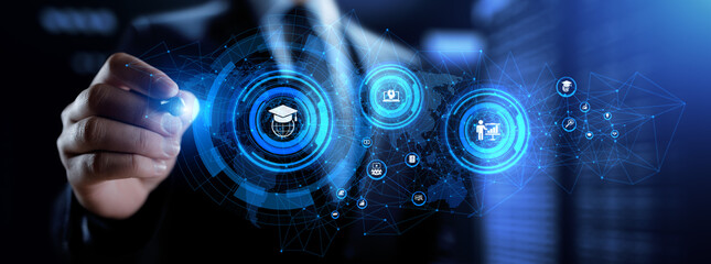 E-learning Online learning distance education concept. Businessman pressing button on screen.