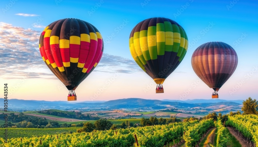 Fototapeta premium Hot air balloons floating over green vineyards and rolling hills at dawn, with mist hovering just above the ground