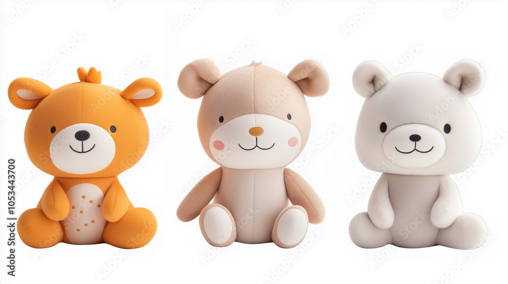 Three adorable plush toys sit side-by-side, a cheerful orange bear, a soft brown bear, and a fluffy white bear. Three adorable plush toys sit side-by-side, a cheerful orange bear, a soft brown bear, and a fluffy white bear.