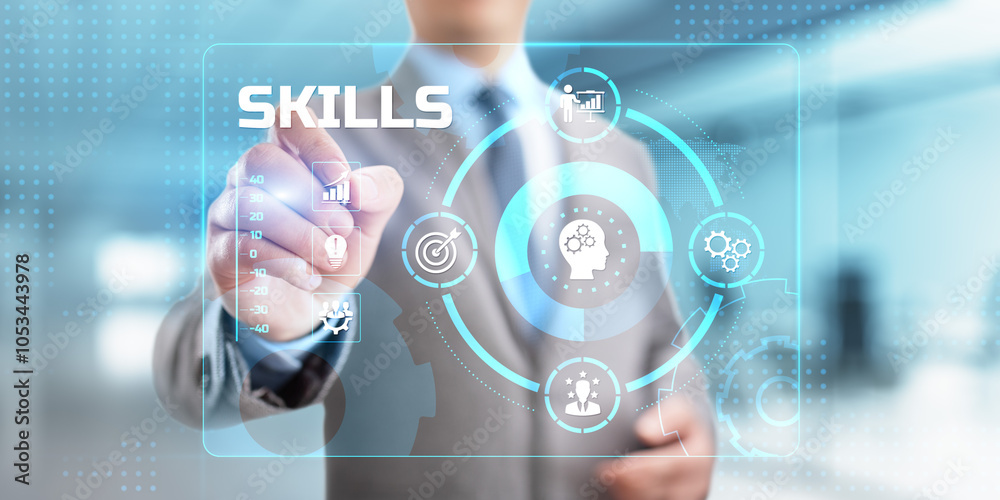 Skills education and personal development concept. Businessman pressing button on screen. Skills education and personal development concept. Businessman pressing button on screen.