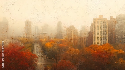 Golden-hued autumn trees outside a window, city skyline visible, with warm sunlight filtering through for a peaceful seasonal background
