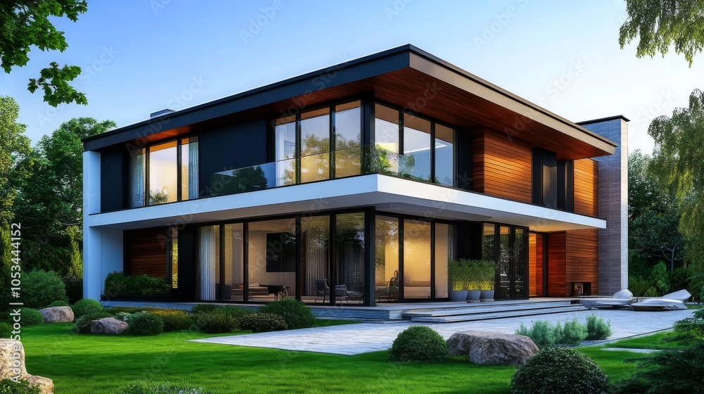 3D rendering of a stylish modern house with natural wood exterior. 3D rendering of a stylish modern house with natural wood exterior.