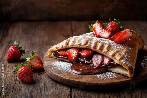 Artistic depiction of a dessert calzone filled with Nutella and fresh strawberries, dusted with powdered sugar, Nutella dessert calzone, Sweet and indulgent photo