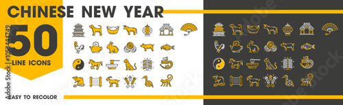 Canvas Print Chinese lunar new year icons of zodiac signs and luck symbols, line vector