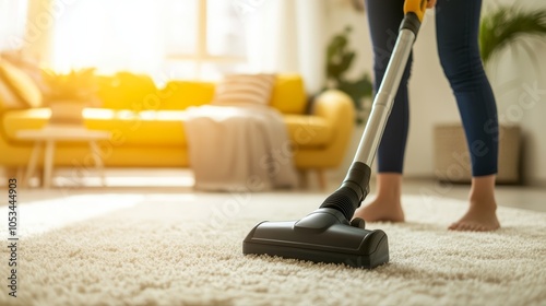 Woman Vacuuming Carpet in Modern Living Room photo