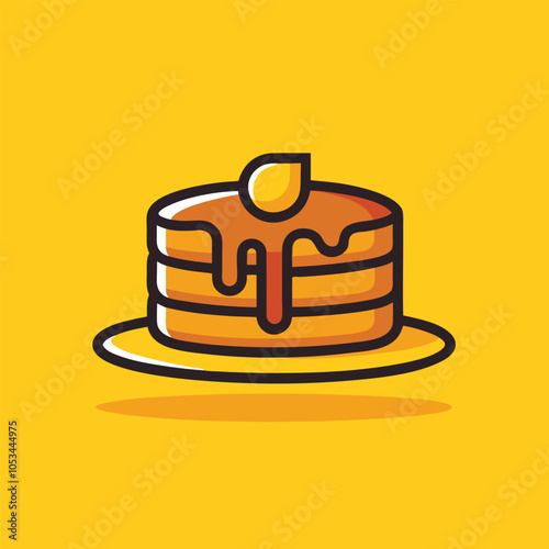 A stack of pancakes drizzled with syrup and a pat of butter.