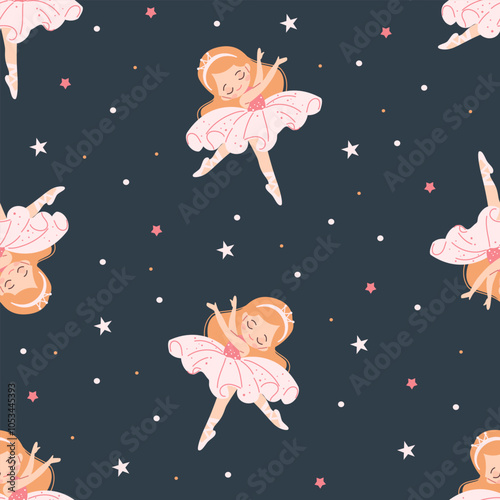 Seamless vector pattern in children's style. Cute ballerina and stars on dark background . Vector illustration