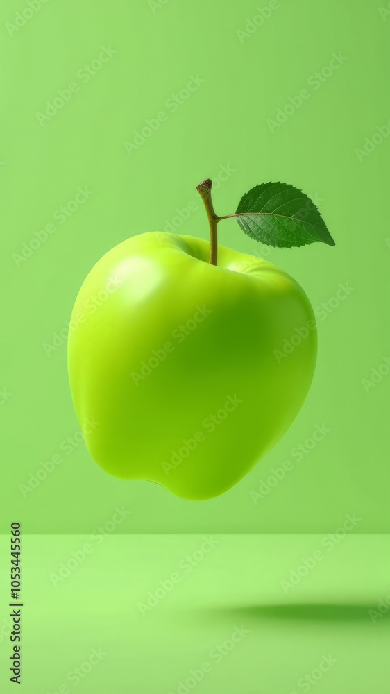 Obraz premium A rich green apple levitates over a green monochrome background, studio lighting, vertical format.