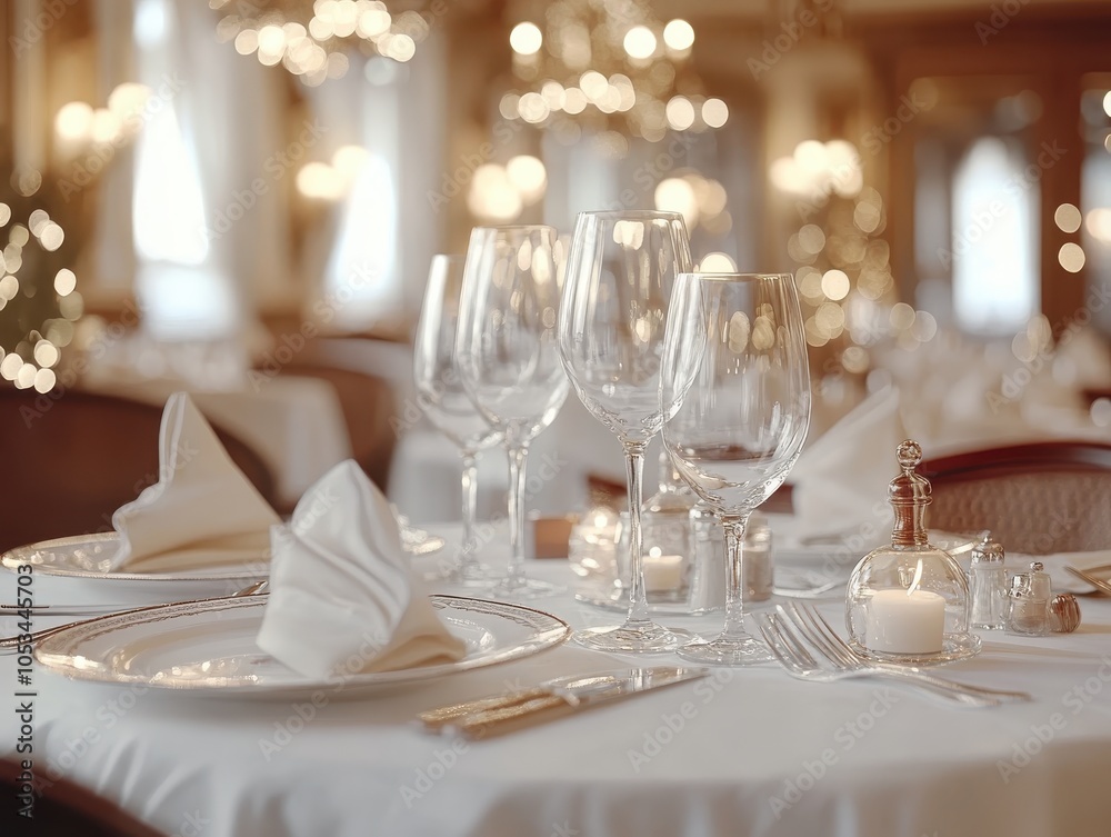 Elegant dining setup with sparkling glassware, white linens, and flickering candles. Elegant dining setup with sparkling glassware, white linens, and flickering candles.