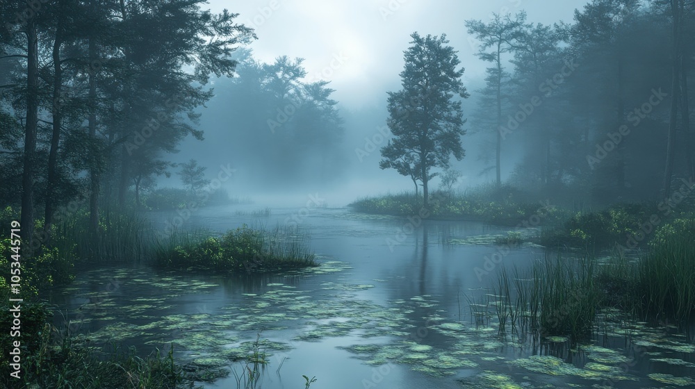 Mystical swamp with fog and strange plants. Mystical swamp with fog and strange plants.