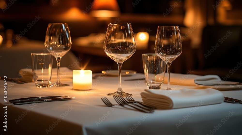 Elegant dining table set with glasses, candles, and cutlery in a warm atmosphere. Elegant dining table set with glasses, candles, and cutlery in a warm atmosphere.