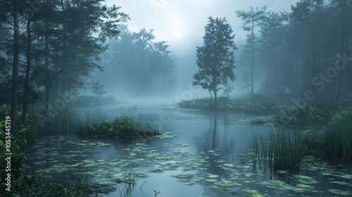 Mystical swamp with fog and strange plants.