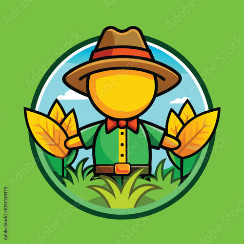 Smiling cartoon farmer holding leaves in field.