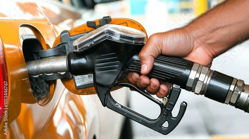 Hand Holding Gas Pump Nozzle at Gas Station