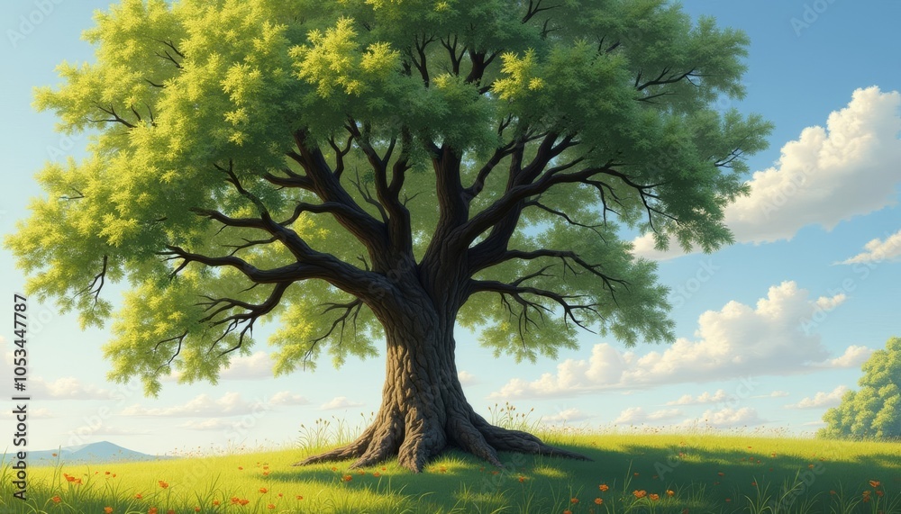 Tranquil tree in a vibrant field under a clear sky Tranquil tree in a vibrant field under a clear sky