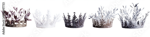 Five ornate crowns with floral designs in various colors. photo