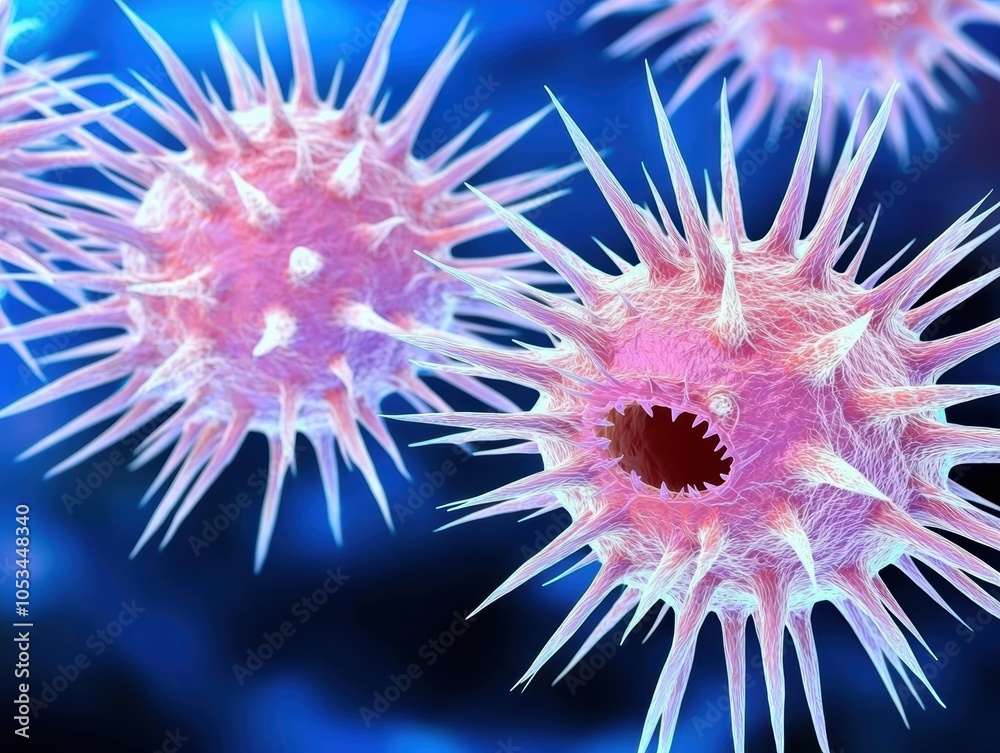 Microbial structure close-up, detailed spikes and glowing nucleus, vibrant scientific visualization, concept of virology and infection Microbial structure close-up, detailed spikes and glowing nucleus, vibrant scientific visualization, concept of virology and infection