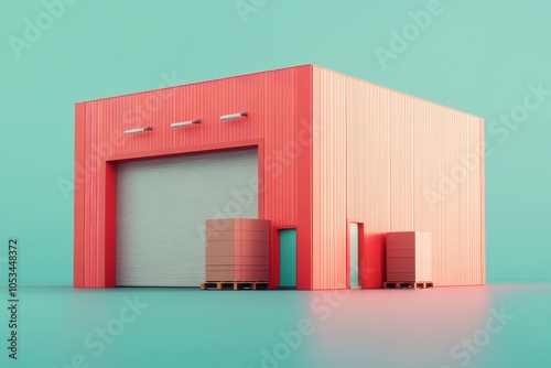 A red building with a garage door and a large window