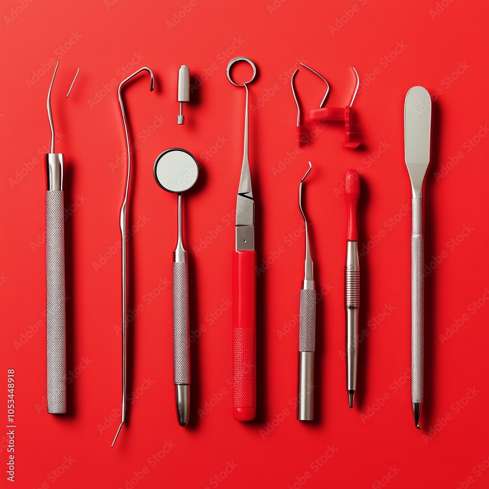 Dental instruments and tools on red background Dental instruments and tools on red background