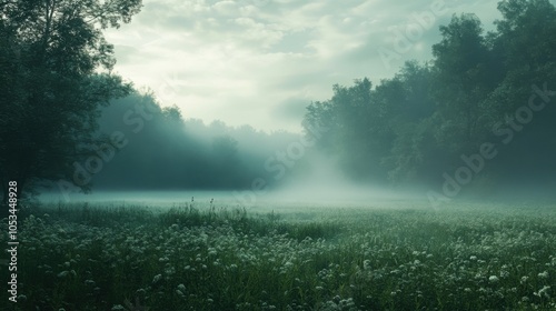 Misty morning fog shrouding a mysterious forest, 4K hyperrealistic photo