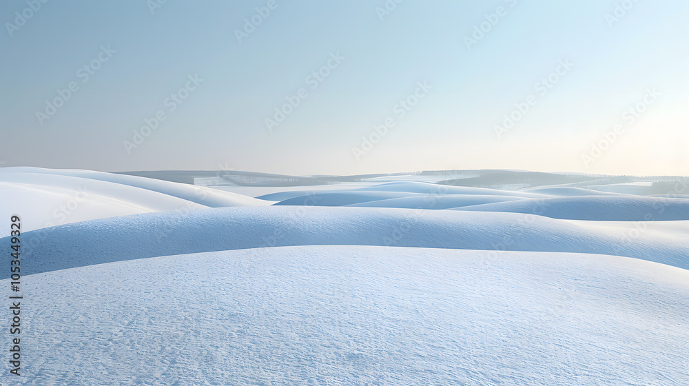 Peaceful snow-covered hills with soft shadows under pale blue sky for a calm and serene winter setting Peaceful snow-covered hills with soft shadows under pale blue sky for a calm and serene winter setting