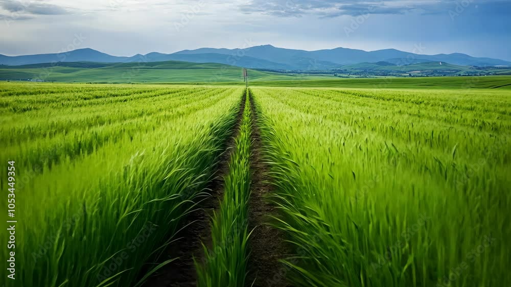 A path winds through a lush green field of wheat, with distant hills in the background A path winds through a lush green field of wheat, with distant hills in the background