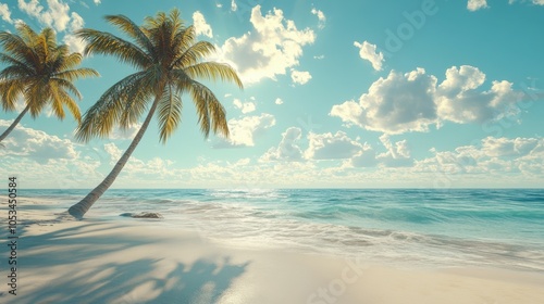 Palm trees swaying gently in a tropical breeze on a sunny beach, 4K hyperrealistic photo
