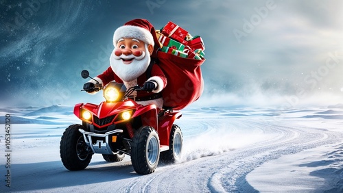 A vibrant 3D cartoon of jolly Santa Claus, with rosy cheeks and a warm smile, wearing a bright red hat and coat, riding a sleek ATV.