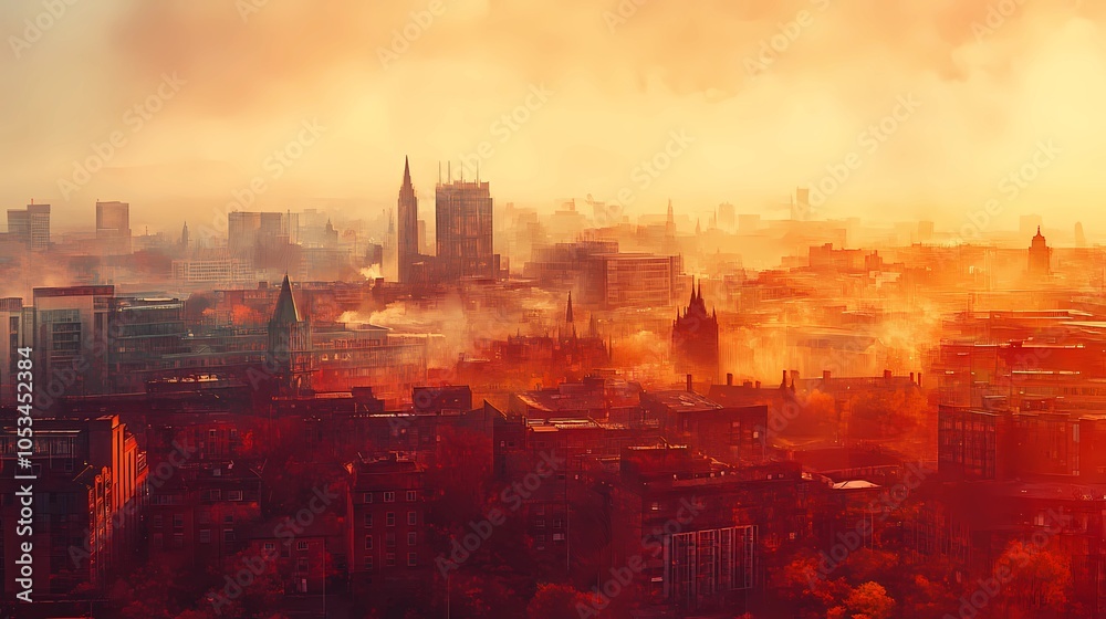 Fototapeta premium Warm-toned burlap curtain covers the window of a city apartment, hinting at a peaceful autumn view in the background