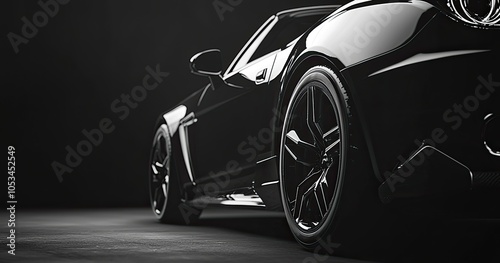 Close-up image of a black sports car on the black background