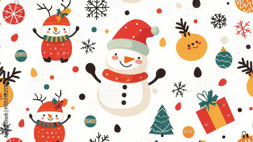 Whimsical Christmas pattern with cute winter characters and festive elements Holiday seamless background Seamless pattern