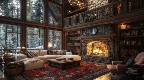 Mountain retreat with a stone fireplace.