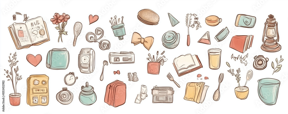 Vector set, sketch line frames, doodle style, daily objects, lightly colored Vector set, sketch line frames, doodle style, daily objects, lightly colored