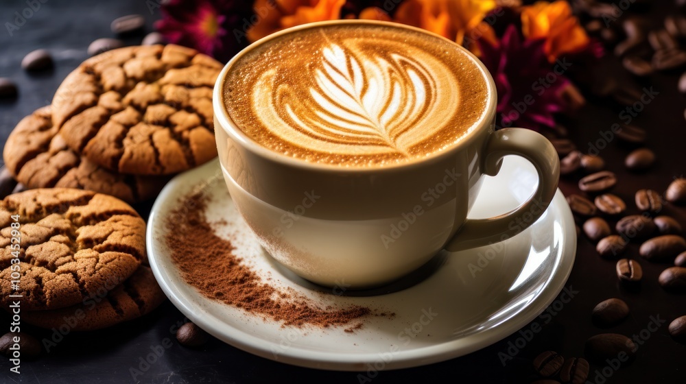 A beautifully arranged scene showcasing a cappuccino with a sprinkle of cocoa powder on top, A beautifully arranged scene showcasing a cappuccino with a sprinkle of cocoa powder on top,