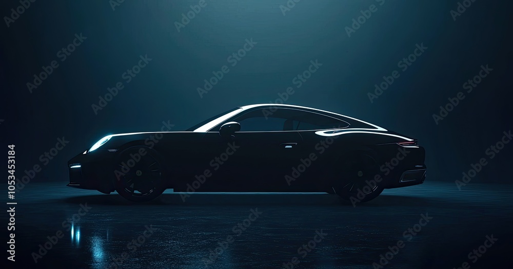Naklejka premium Close-up image of a black sports car on the black background