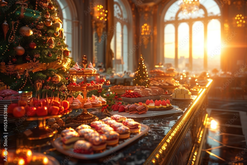 A festive holiday dinner with a beautifully decorated table, a roasted turkey A festive holiday dinner with a beautifully decorated table, a roasted turkey