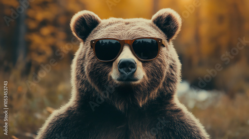 A cool bear wearing sunglasses, showcasing a unique personality in a serene forest setting during autumn. Perfect for wildlife enthusiasts. photo