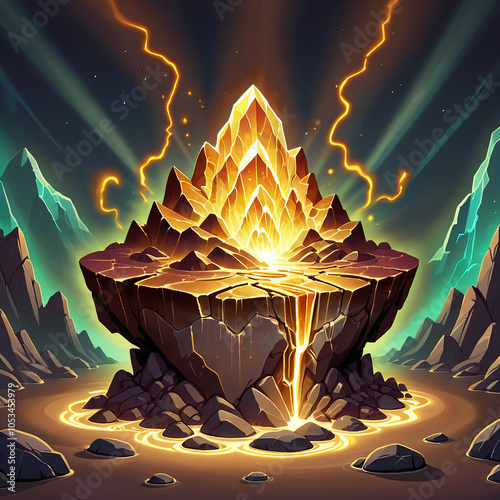 A fantasy landscape with a glowing crystal mountain at its center, surrounded by rocky terrain and shimmering light effects. The crystal emits a radiant glow, illuminating the surrounding area with st photo