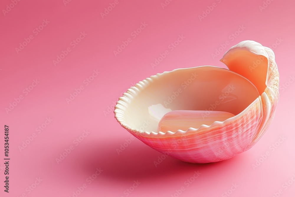 A pink shell with a white interior is sitting on a pink background A pink shell with a white interior is sitting on a pink background