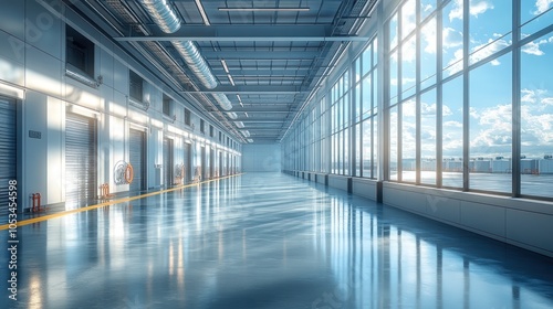 Spacious industrial interior with large windows and polished floors.