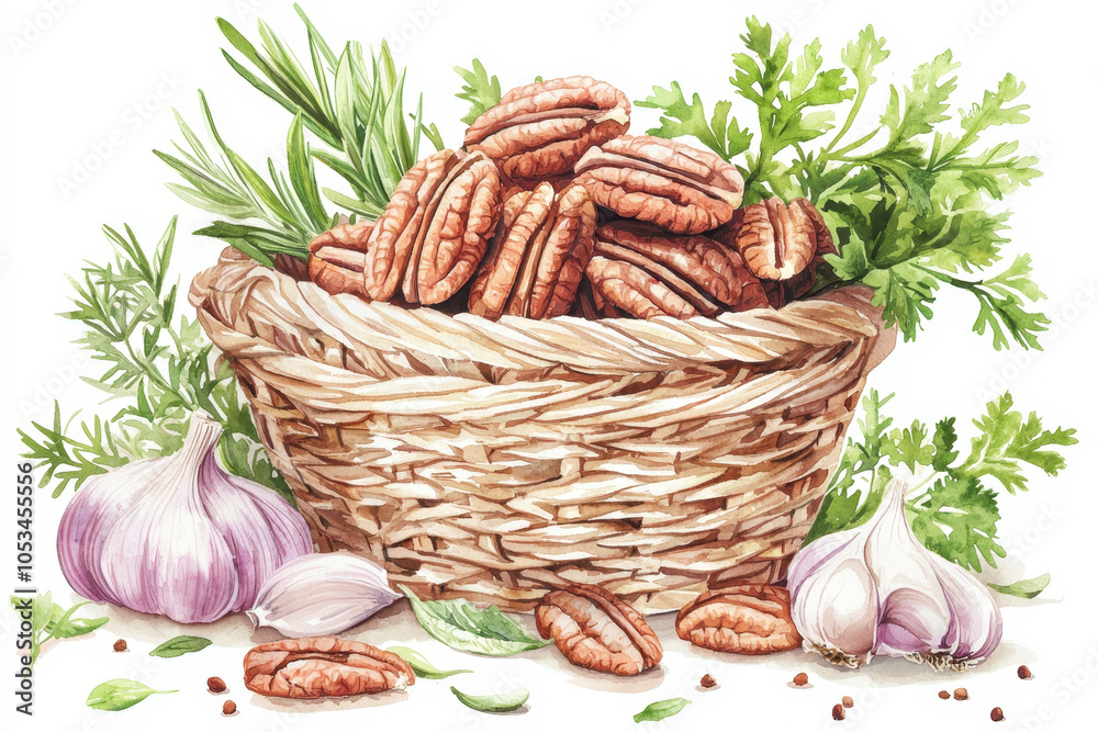 A woven basket filled with pecans, surrounded by fresh garlic and herbs, capturing a rustic culinary theme. A woven basket filled with pecans, surrounded by fresh garlic and herbs, capturing a rustic culinary theme.
