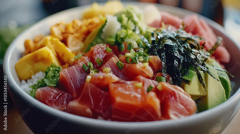 Close-up of a Delicious Poke Bowl with Fresh Salmon, Tuna, Avocado, and Seaweed Close-up of a Delicious Poke Bowl with Fresh Salmon, Tuna, Avocado, and Seaweed
