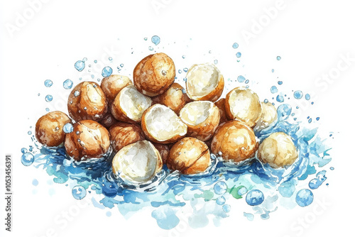 A watercolor illustration of a pile of macadamia nut shells surrounded by droplets of water. photo