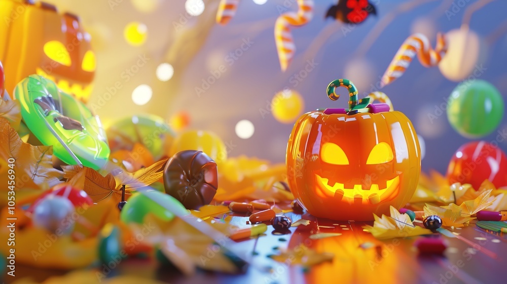Fototapeta premium 3D Halloween Pumpkin Lantern Candy - a playful and spooky holiday display. The pumpkin lantern filled with candy creates a festive Halloween atmosphere.