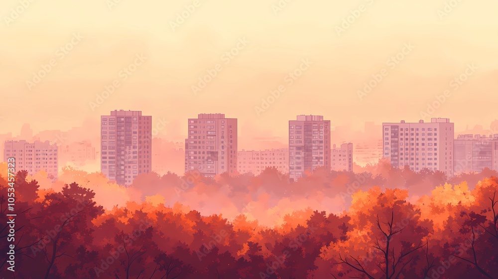 Fototapeta premium A burlap curtain hangs in a cozy city apartment window, framing a blurred autumn scene with warm colors and soft lighting