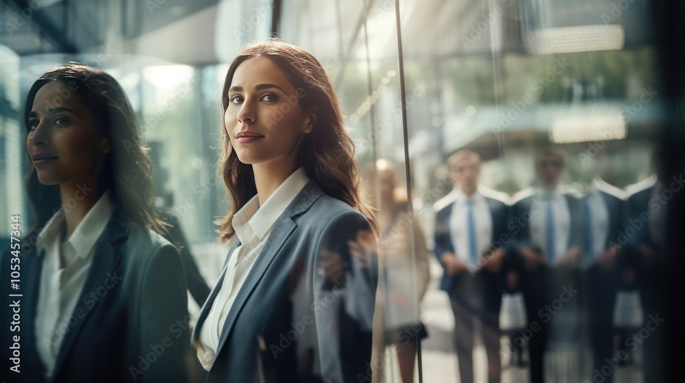 a mirror reflects a diverse group of confident business individuals in motion a mirror reflects a diverse group of confident business individuals in motion