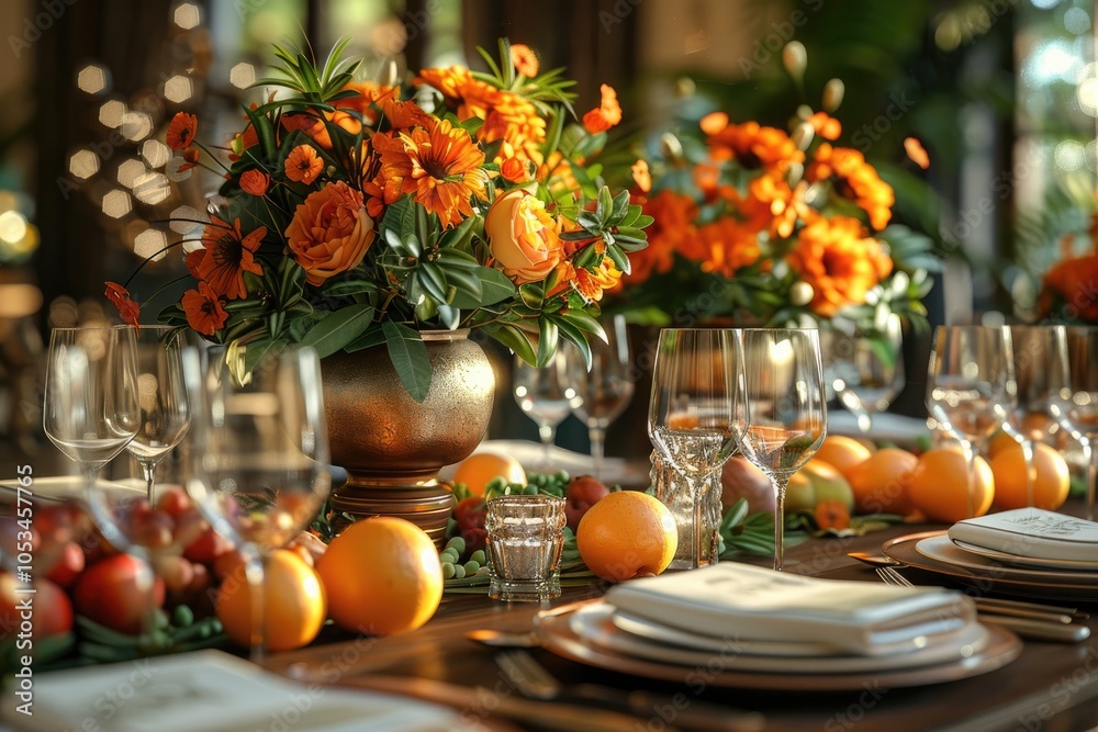A formal dinner party with elegant table settings, crystal glasses A formal dinner party with elegant table settings, crystal glasses